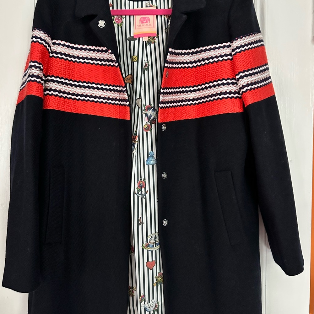 Vilagallo Navy  Coat with Orange White Stripe Detail